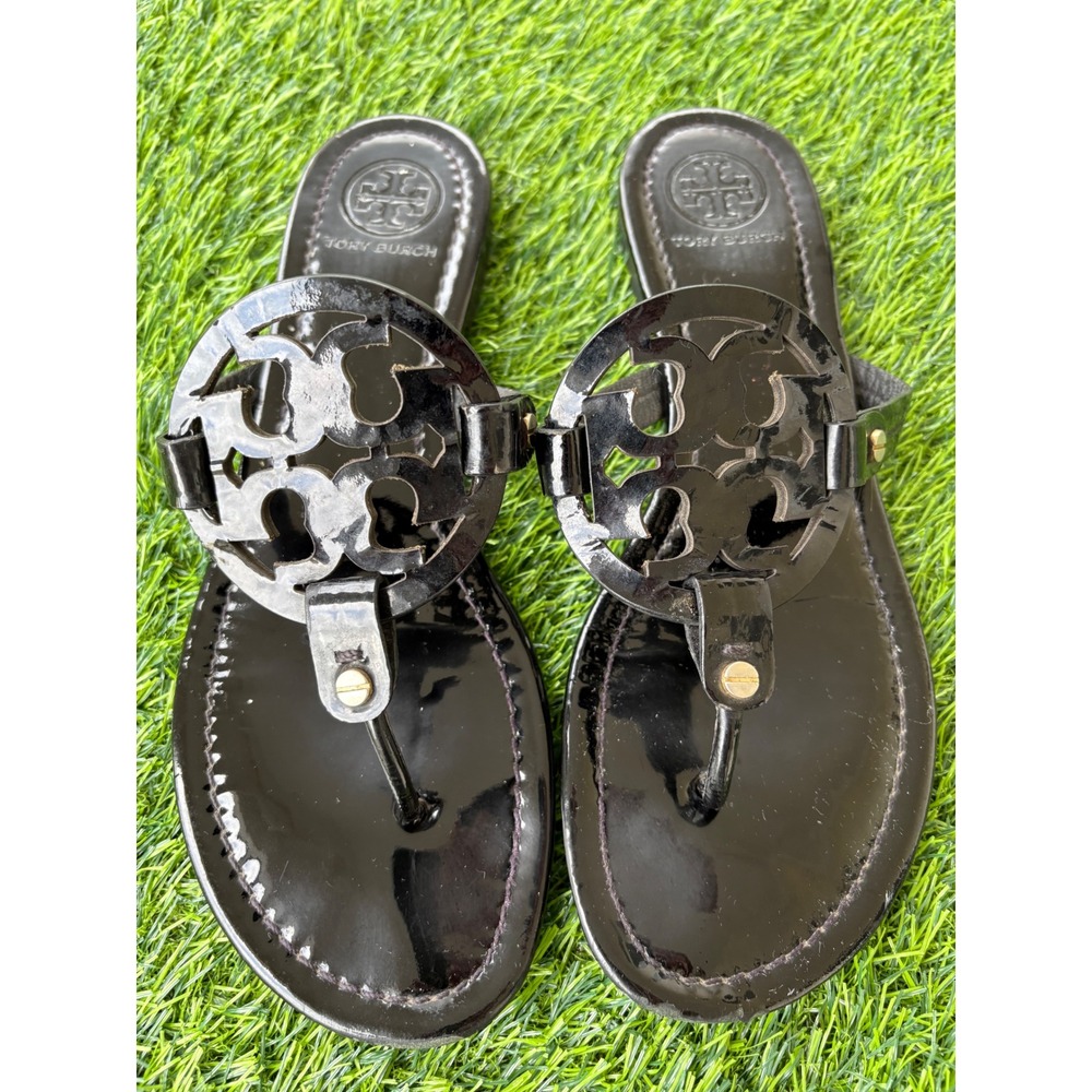 Tory Burch Miller Black Patent Leather Logo Thong Sandals Size 9M